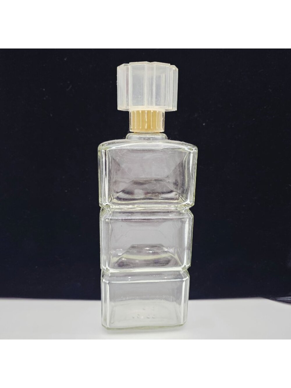 Vintage Glass Spirit Decanter Bottle Faceted Plastic Stopper Rectangular Stack10